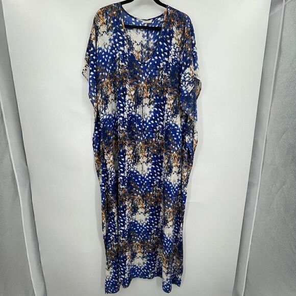 Rubber Ducky Women's Blue Gold White Abstract Tie Dye Kaftan Dress One Size - Picture 1 of 5